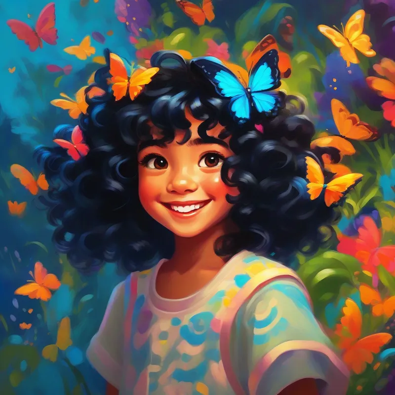 Curly black hair, bright blue eyes, mischievous smile talking to a colorful butterfly