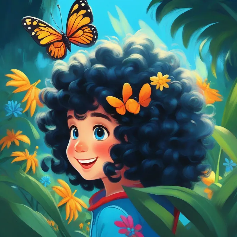 Curly black hair, bright blue eyes, mischievous smile with a butterfly, ready for adventure