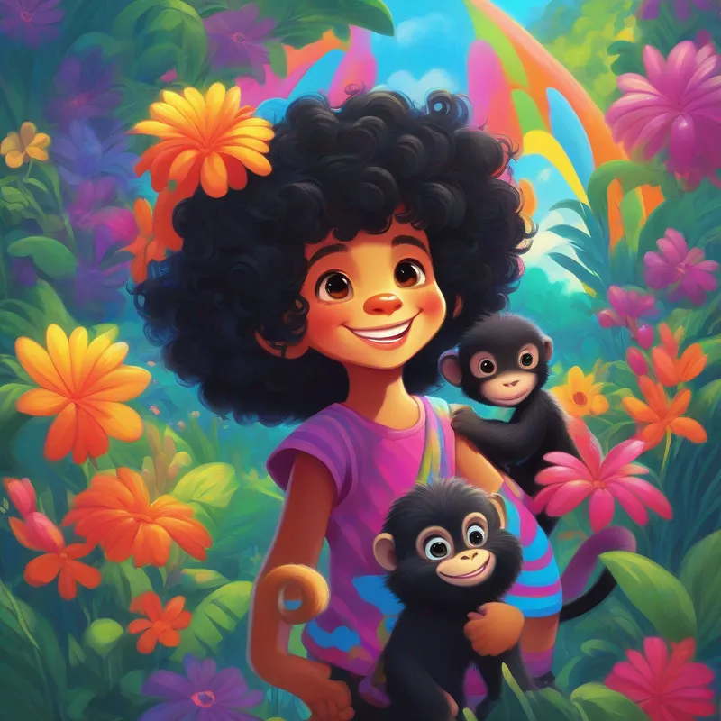 Curly black hair, bright blue eyes, mischievous smile asking a monkey for the rainbow flower