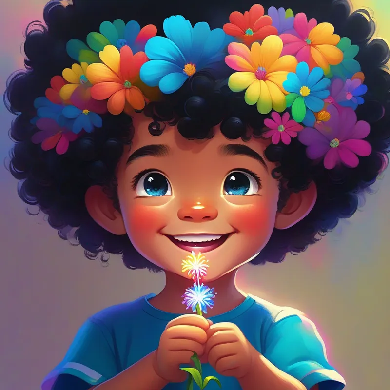 Curly black hair, bright blue eyes, mischievous smile with the rainbow flower, making a wish