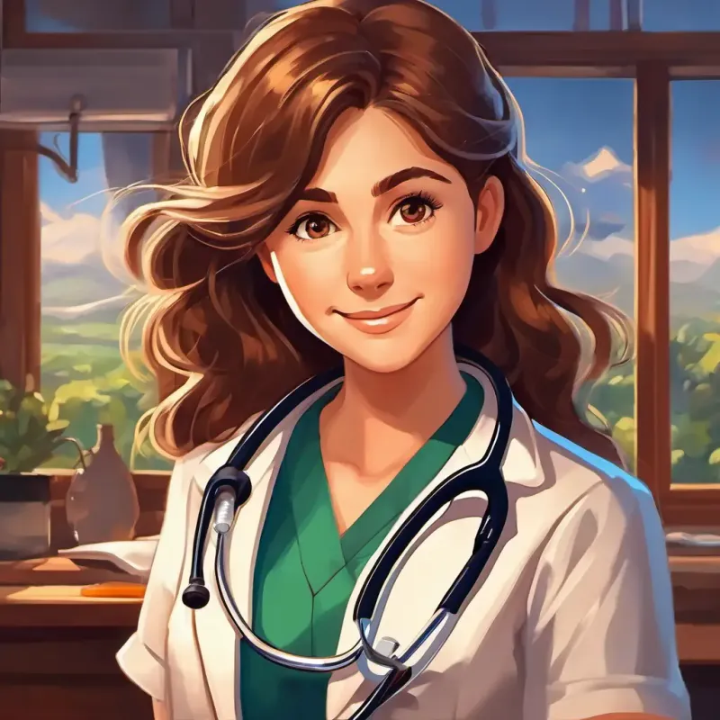 A bright-eyed, brown-haired young lady with a warm smile practicing with her stethoscope, determination in her eyes