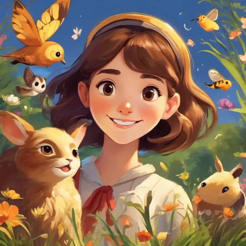 A bright-eyed, brown-haired young lady with a warm smile with her animal friends, each one chirping, buzzing, or hopping in excitement