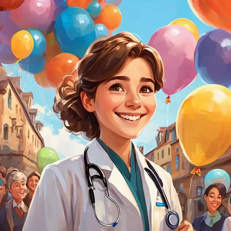 A jubilant A bright-eyed, brown-haired young lady with a warm smile dressed in her doctor's coat, surrounded by smiling faces and balloons