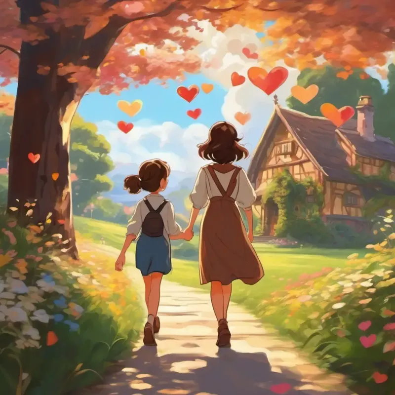 A bright-eyed, brown-haired young lady with a warm smile walking into the distance, her family waving and smiling, hearts brimming with pride