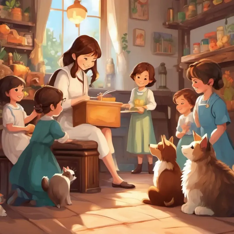 A bright-eyed, brown-haired young lady with a warm smile treating patients, surrounded by smiling children and furry friends