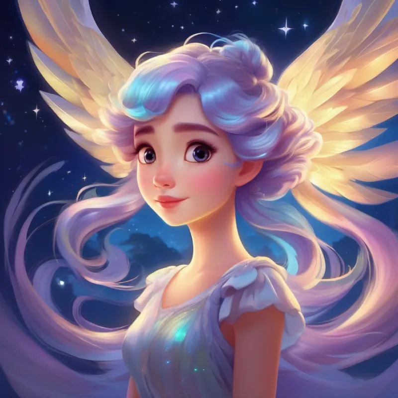 Lumi small cartoon character  has iridescent wings and hair the color of moonlight
