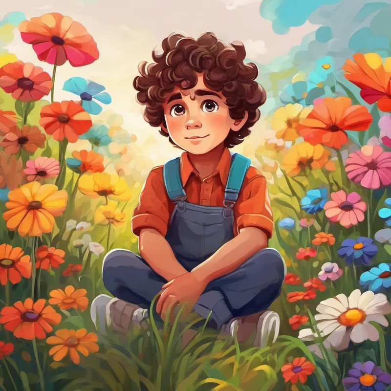 little boy with curly brown hair and big, curious eyes sitting by a colorful flowers field