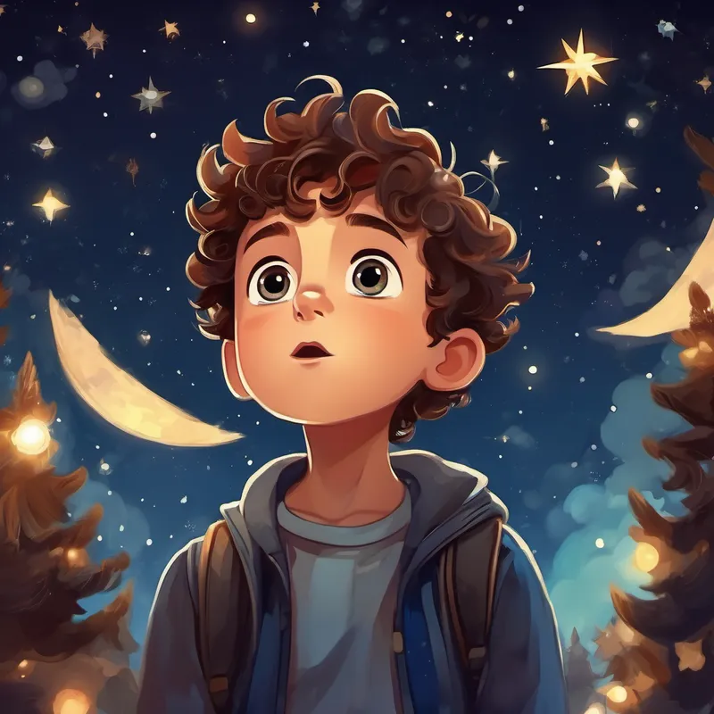 little boy with curly brown hair and big, curious eyes looking up at the night sky, surrounded by stars
