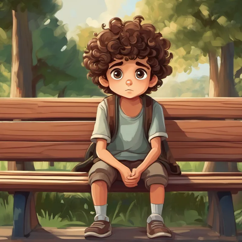 little boy with curly brown hair and big, curious eyes sitting on a bench, looking sad