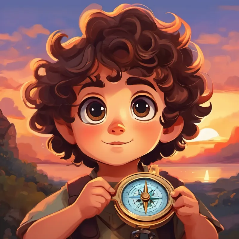 little boy with curly brown hair and big, curious eyes holding a compass, with a sunset in the background