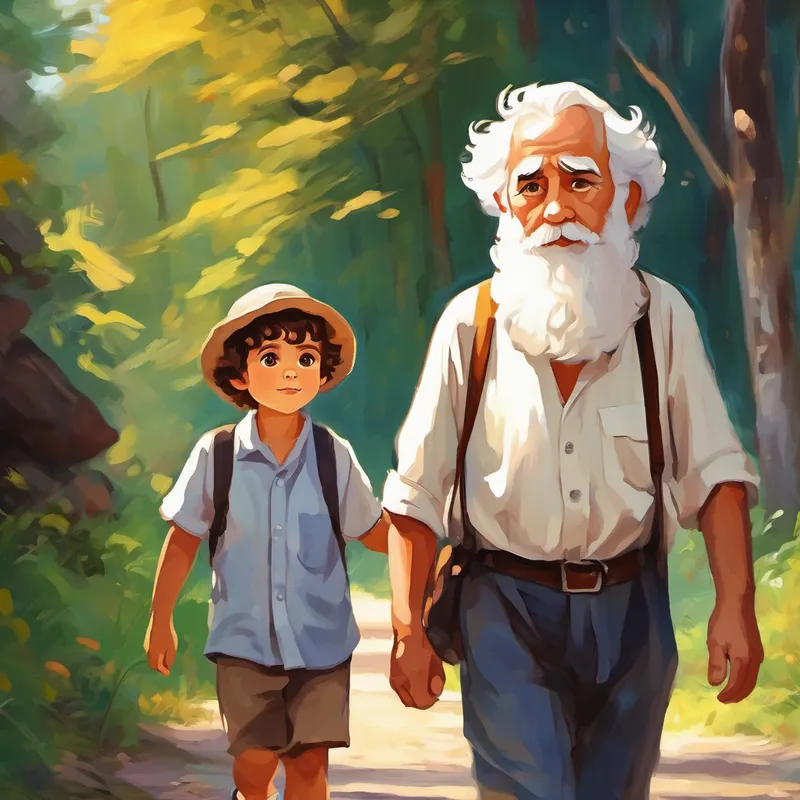 little boy with curly brown hair and big, curious eyes and Old man with a long white beard and kind eyes walking hand in hand