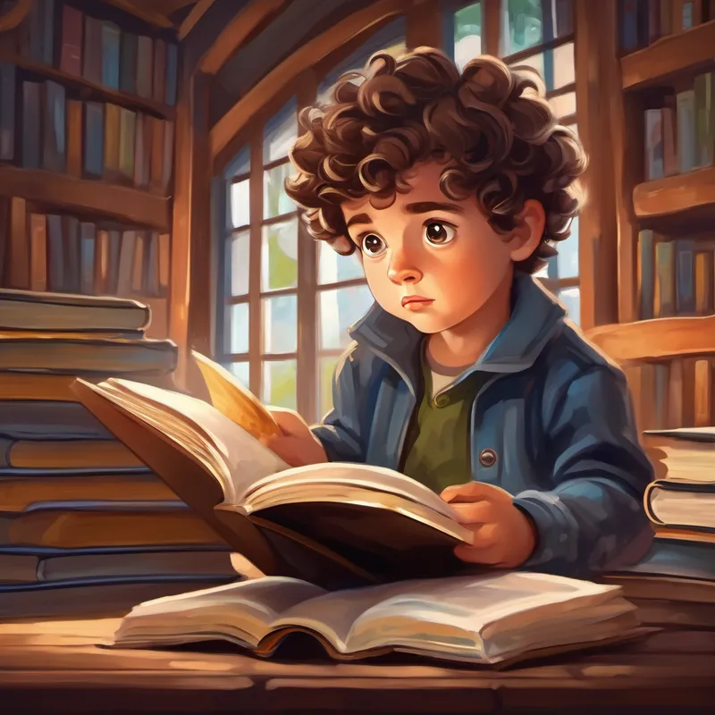 little boy with curly brown hair and big, curious eyes reading a book with a puzzled expression