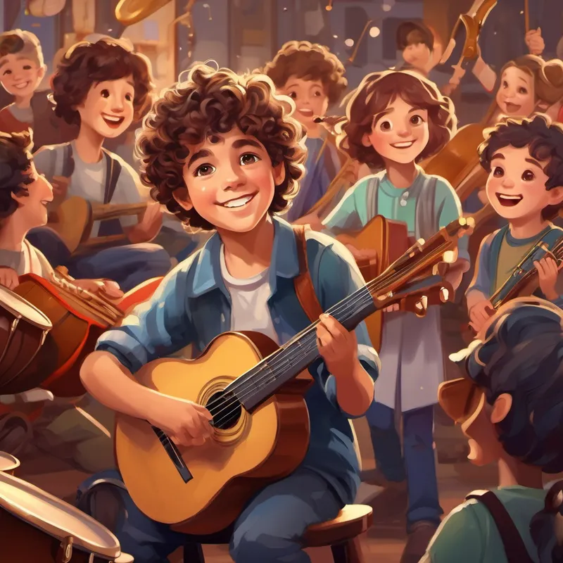little boy with curly brown hair and big, curious eyes surrounded by friends, playing musical instruments and smiling