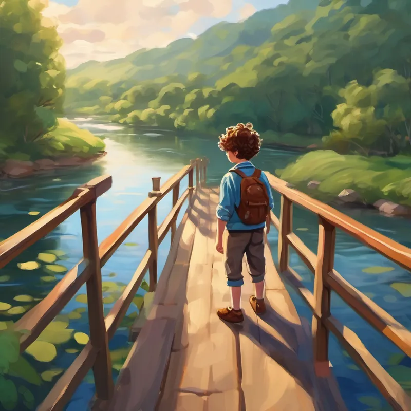 little boy with curly brown hair and big, curious eyes standing on a bridge, with a peaceful river beneath