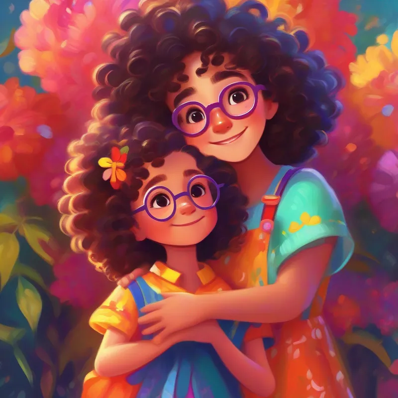 Little girl with curly hair, wearing a colorful dress and Tall woman with glasses, wearing a serious-looking outfit smiling and hugging, surrounded by happiness