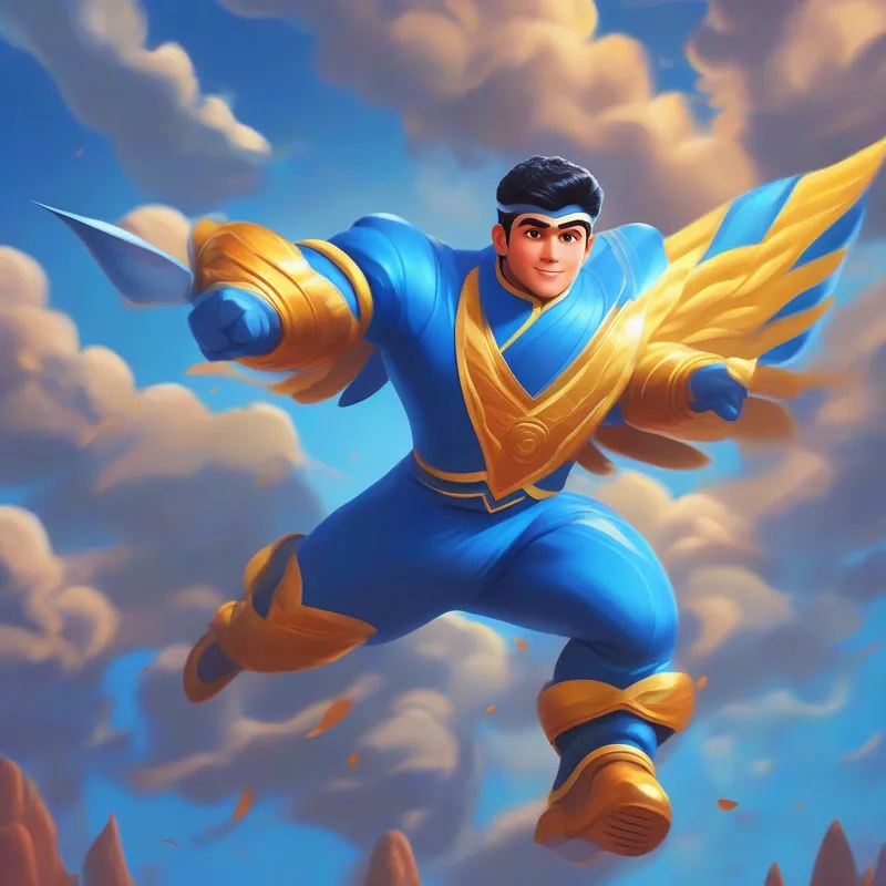 Baalveer with blue suit, big muscles, flying with wand granting wishes