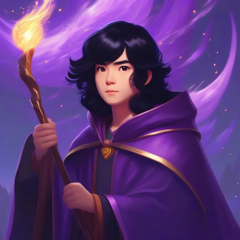 Angil with black hair, purple cloak, and magic staff