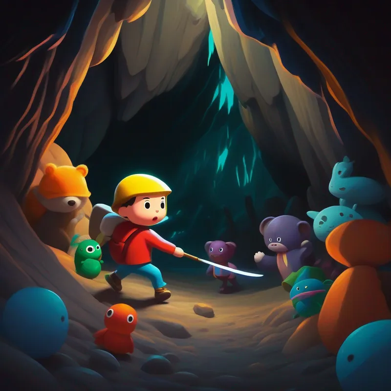Toys in a dark cave, coming alive and fighting Angil