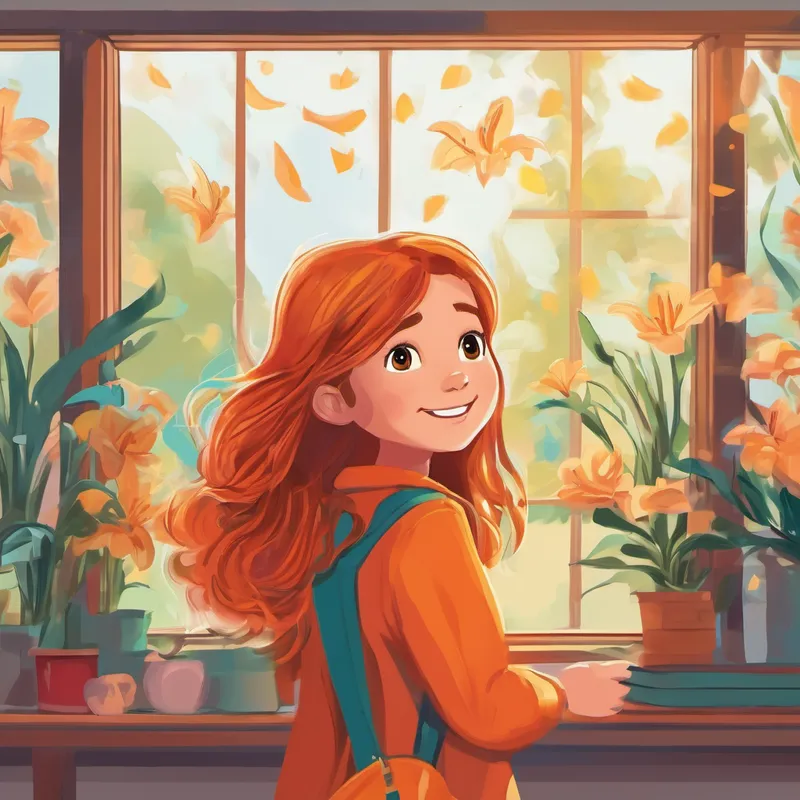 On the first day of junior high, Lily woke up with a mix of excitement and nervousness in her heart. As she stood in front of the mirror, she noticed her hair turning a bright shade of orange, showcasing her mixed feelings. Lily deemed it her very own secret superpower, as her hair became a window into her emotions. As Lily walked into her new school, her hair created quite the sensation among her classmates. They were amazed by the vibrant, ever-changing hues, and soon everyone wanted to be friends with her. Lily's magical hair made it easy for her to share her feelings without ever saying a word.