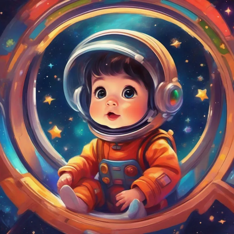 A A small baby with big eyes and tiny fingers - curious and happy. in a spaceship surrounded by stars - colorful and shiny.