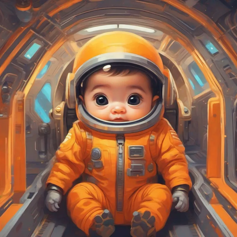 A A small baby with big eyes and tiny fingers - curious and happy. with big eyes and tiny fingers exploring the spaceship - orange and yellow.