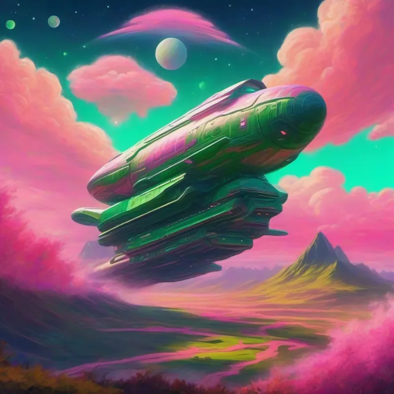 Spaceship landed on Nebulonia - a planet with green hills and pink clouds.