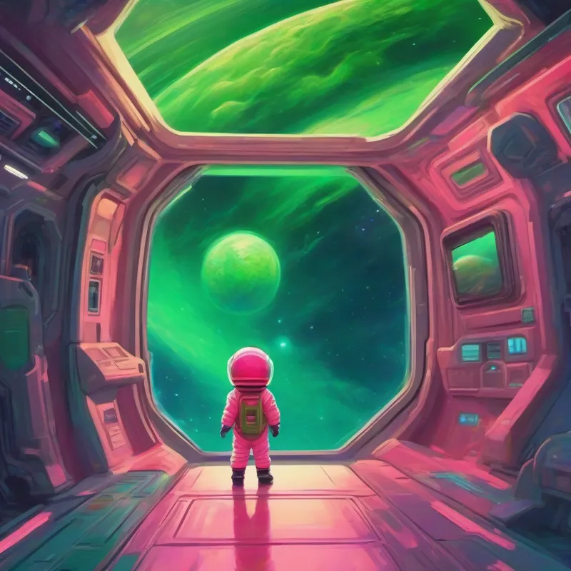 Baby stepping out of the spaceship, mesmerized by Nebulonia's beauty - green and pink.