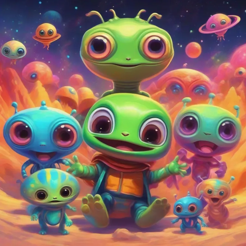 Aliens appearing and happily welcoming the surprised A small baby with big eyes and tiny fingers - curious and happy. - colorful and joyful.
