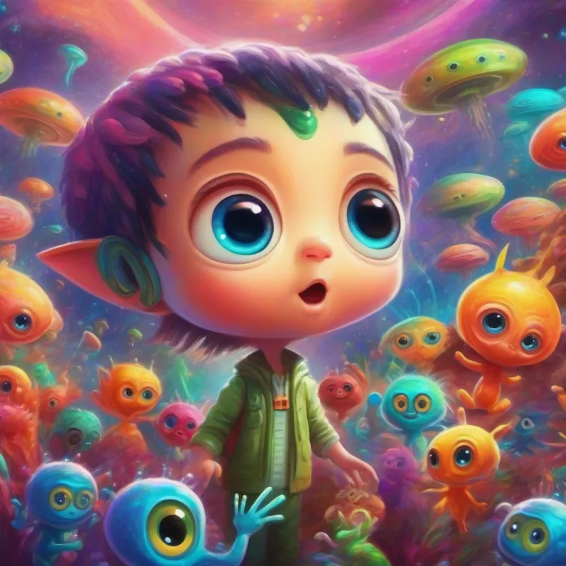 Aliens showing the A small baby with big eyes and tiny fingers - curious and happy. their magical world - filled with vibrant colors.