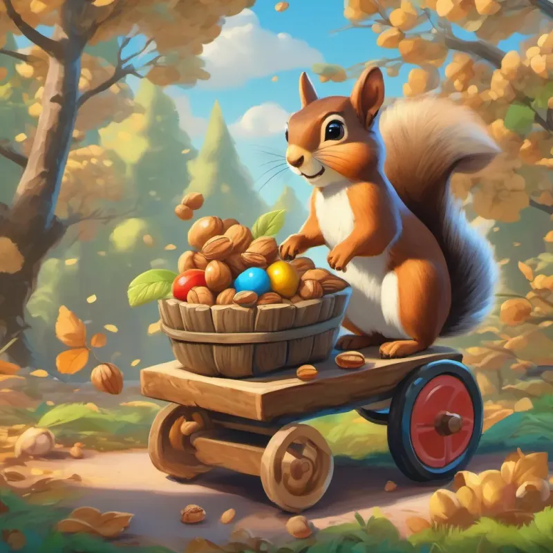 A bright and whimsical forest, a peppy squirrel named A peppy squirrel with a tiny stout cart filled with walnuts, bright and cheerful, with a tiny stout cart filled with walnuts under a blue sky.