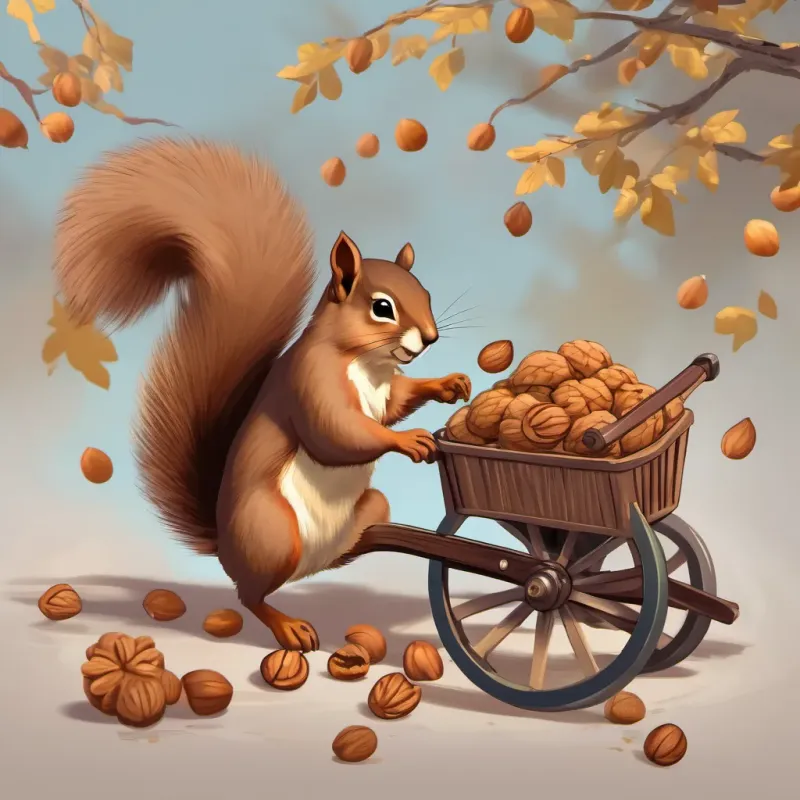 A peppy squirrel with a tiny stout cart filled with walnuts, bright and cheerful the squirrel pushing a cart full of walnuts, sweating and straining, looking worried.