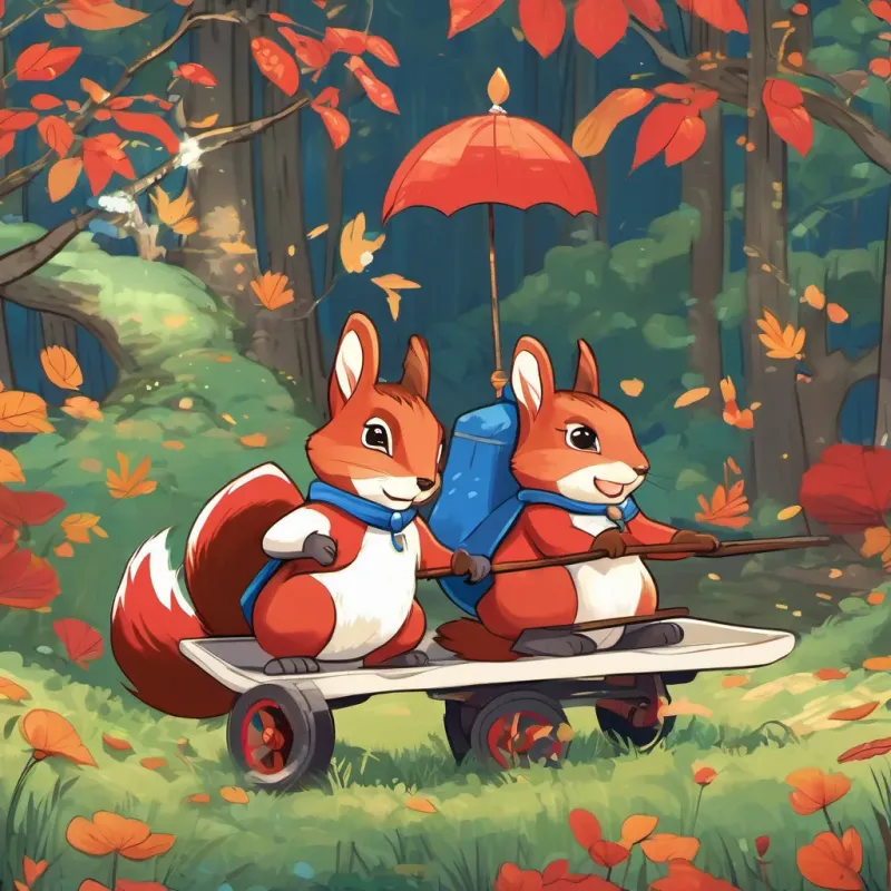 A peppy squirrel with a tiny stout cart filled with walnuts, bright and cheerful and A white rabbit wearing a red superhero costume with blue boots, confident and charismatic waving goodbye to the reader with a warm, comforting forest background, emphasizing the hero in everyone.