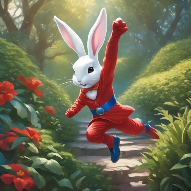 A white rabbit named A white rabbit wearing a red superhero costume with blue boots, confident and charismatic wearing a red superhero costume with blue boots, dramatically hopping out from the bushes.