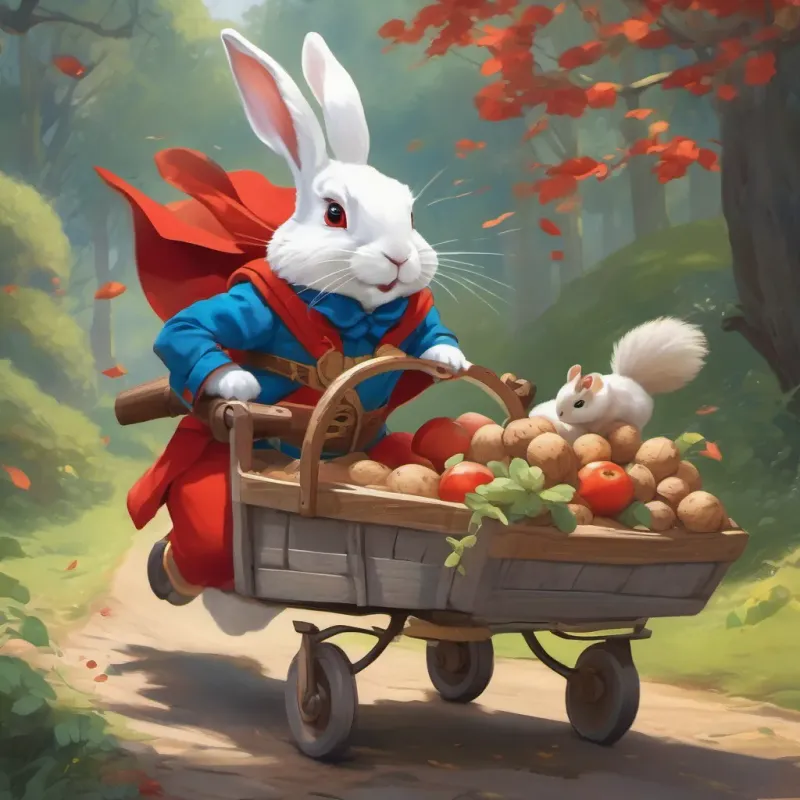 A white rabbit wearing a red superhero costume with blue boots, confident and charismatic the superhero rabbit grabbing the cart's reins confidently, ready to help A peppy squirrel with a tiny stout cart filled with walnuts, bright and cheerful.