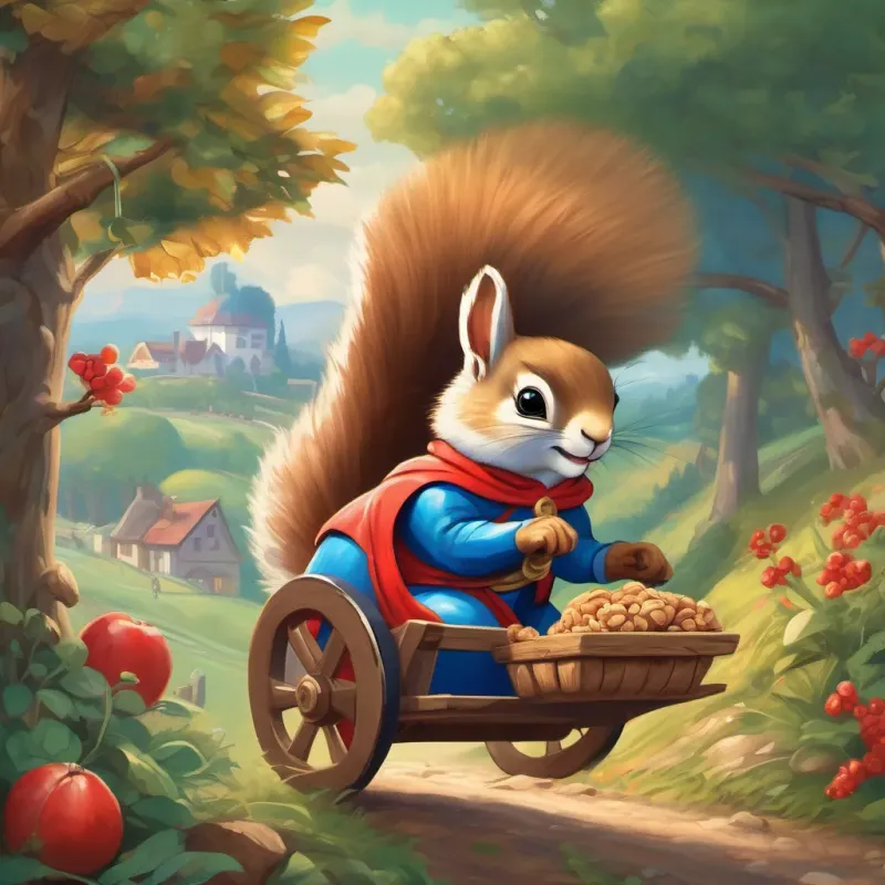 A peppy squirrel with a tiny stout cart filled with walnuts, bright and cheerful and A white rabbit wearing a red superhero costume with blue boots, confident and charismatic working together to push and pull the cart up a hill, cooperating with smiles.
