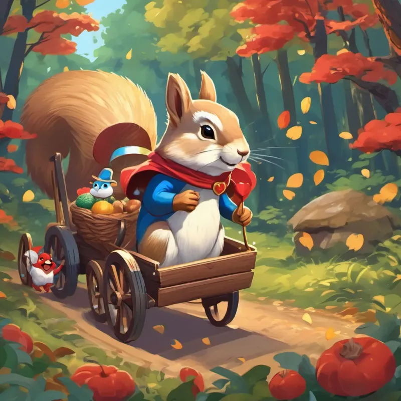A peppy squirrel with a tiny stout cart filled with walnuts, bright and cheerful and A white rabbit wearing a red superhero costume with blue boots, confident and charismatic joyfully pushing the cart through the forest, with walnuts jiggling around and birds singing above.