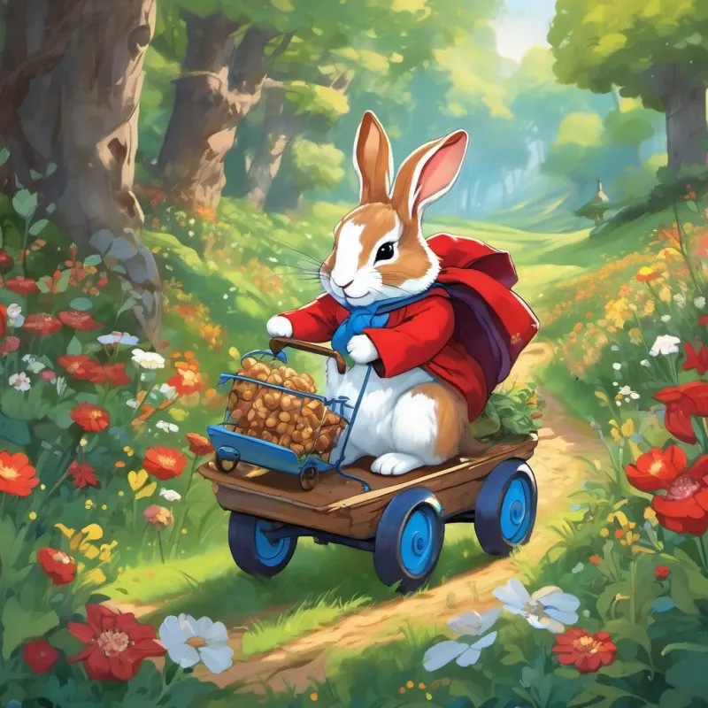 A white rabbit wearing a red superhero costume with blue boots, confident and charismatic and A peppy squirrel with a tiny stout cart filled with walnuts, bright and cheerful traveling through different forest sceneries - a brook, a meadow of flowers, always smiling and determined.