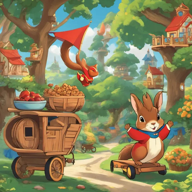A peppy squirrel with a tiny stout cart filled with walnuts, bright and cheerful's grand treehouse, majestic and welcoming, with both A peppy squirrel with a tiny stout cart filled with walnuts, bright and cheerful and A white rabbit wearing a red superhero costume with blue boots, confident and charismatic cheering and celebrating together.