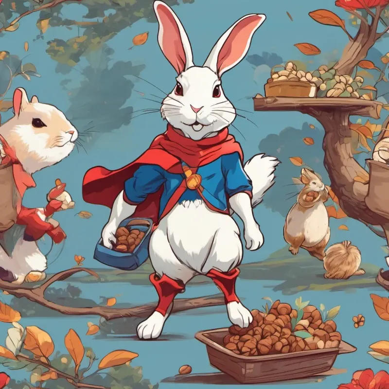 A white rabbit wearing a red superhero costume with blue boots, confident and charismatic and A peppy squirrel with a tiny stout cart filled with walnuts, bright and cheerful standing together, A white rabbit wearing a red superhero costume with blue boots, confident and charismatic giving a friendly wave, looking supportive and proud.