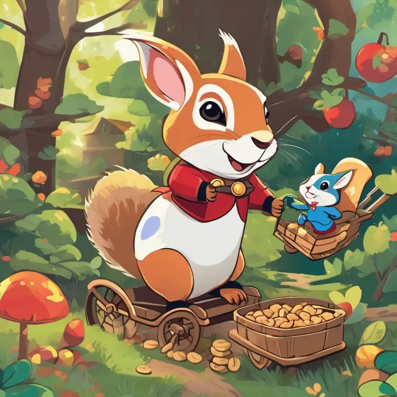 A peppy squirrel with a tiny stout cart filled with walnuts, bright and cheerful and A white rabbit wearing a red superhero costume with blue boots, confident and charismatic sharing walnuts outside A peppy squirrel with a tiny stout cart filled with walnuts, bright and cheerful's treehouse, with smiles and laughter under the bright sky and green trees.