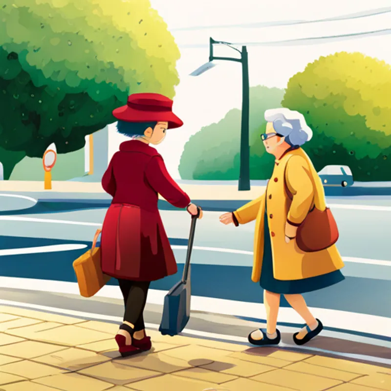 Emi helping an elderly woman cross the street