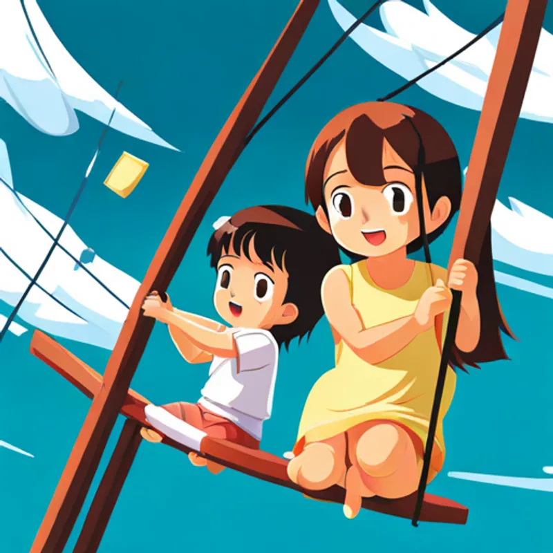 Emi and Aika playing together on the swings