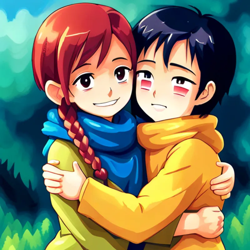 Aika smiling and hugging Emi tightly