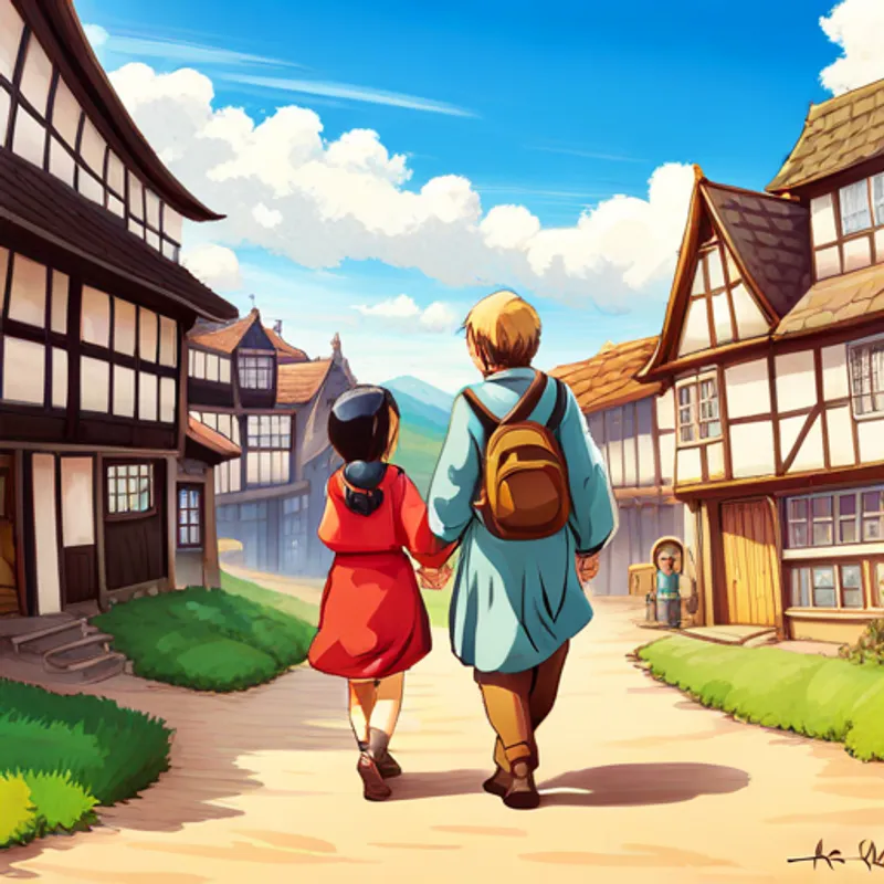 Aika and Emi walking hand in hand through the village