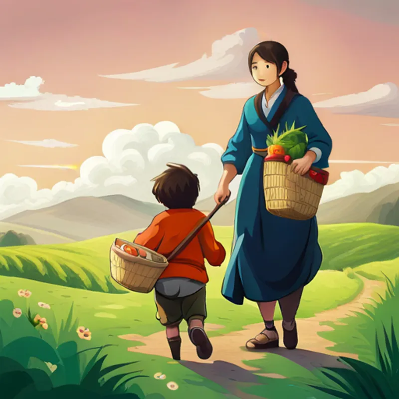 Emi helping a villager carry groceries