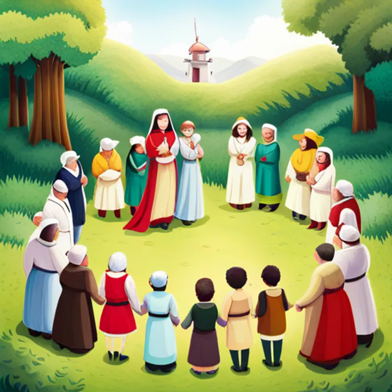 Emi surrounded by grateful villagers, all holding hands in a circle