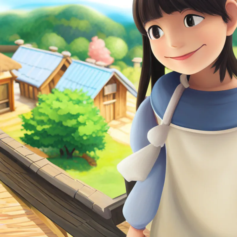 Emi looking out at the village, a smile of contentment on her face