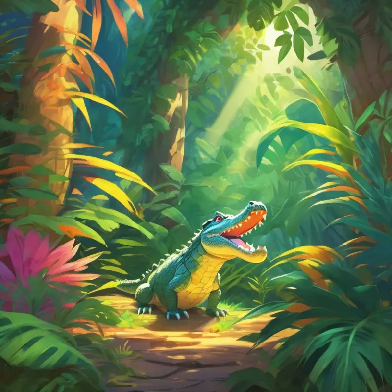 A colorful jungle with bright light, and a small, timid crocodile peeking shyly from behind some leaves.