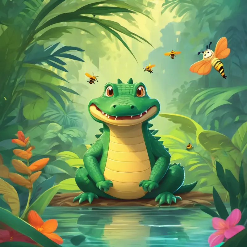 A small, timid crocodile who learns to be brave looking scared as bees buzz around and birds sing in the lush jungle.