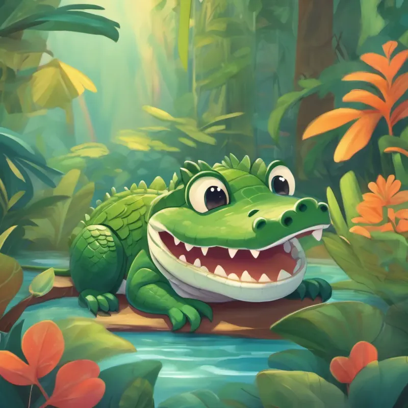 A small, timid crocodile who learns to be brave smiling confidently with his jungle friends around him, sharing a moment of joy.